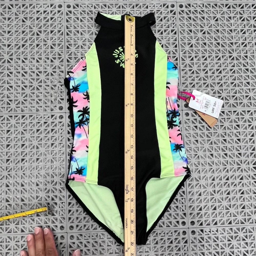 Justice Palm Tree One Piece Swimsuit Girls Size 10 Black Neon Green High Neck